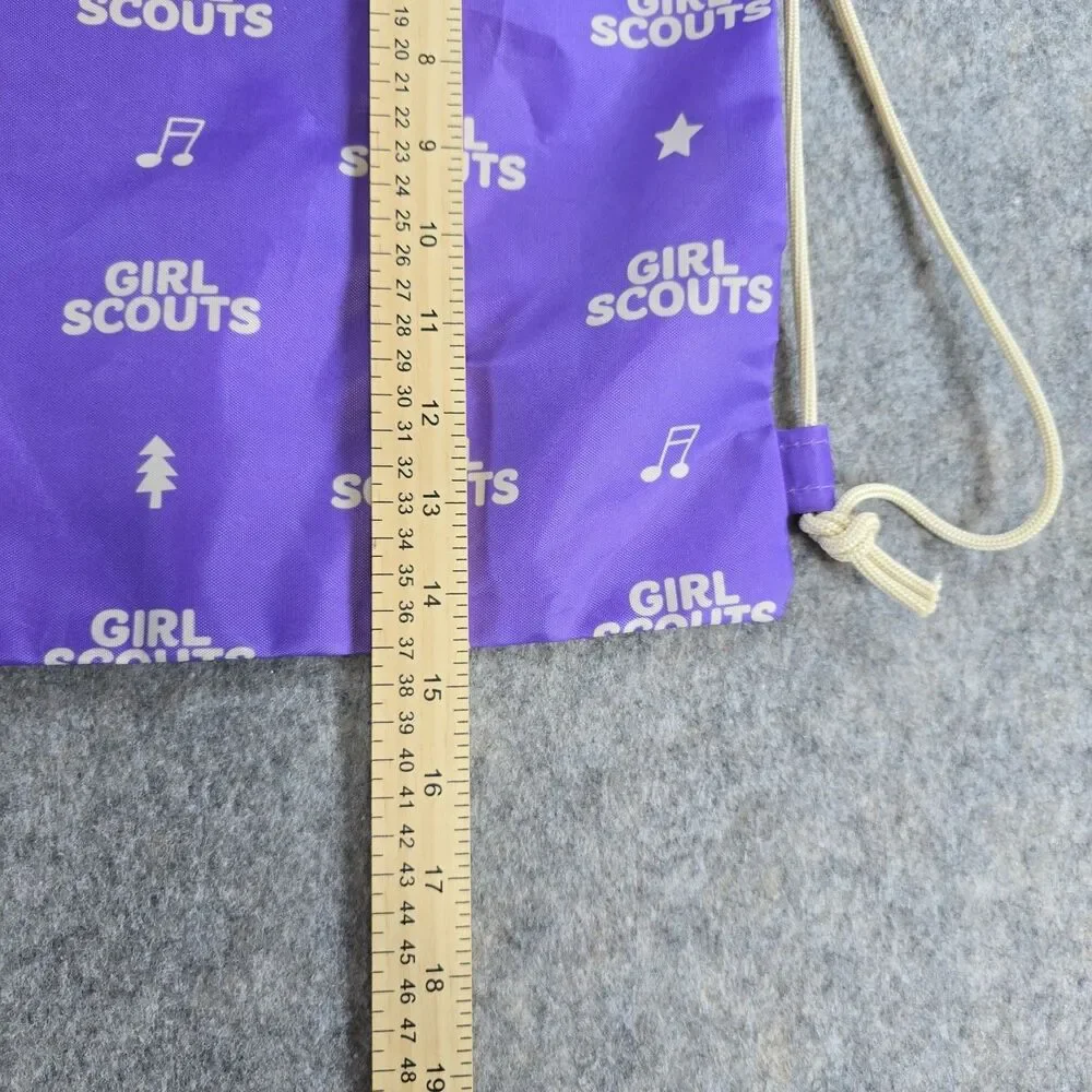 Girl Scouts Drawstring Backpack Cinch Sack Purple White Text Hearts Stars Music